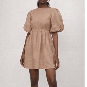 Mie Mini Gozo Dress Sz S Beige Linen Puff Sleeve Strappy Open‎ Back Minimalist